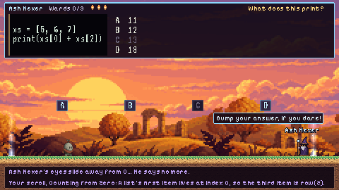The wizard's duel with one wrong answer dimmed and its block cracked after a second hint
