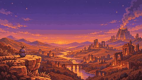 Pixel art of a small pebble on a cliff, looking out over an autumn valley toward a smoking kiln