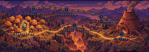 The Dunder Quest world map: six stages along a dirt trail from Amber Hollow to Crucible Crown